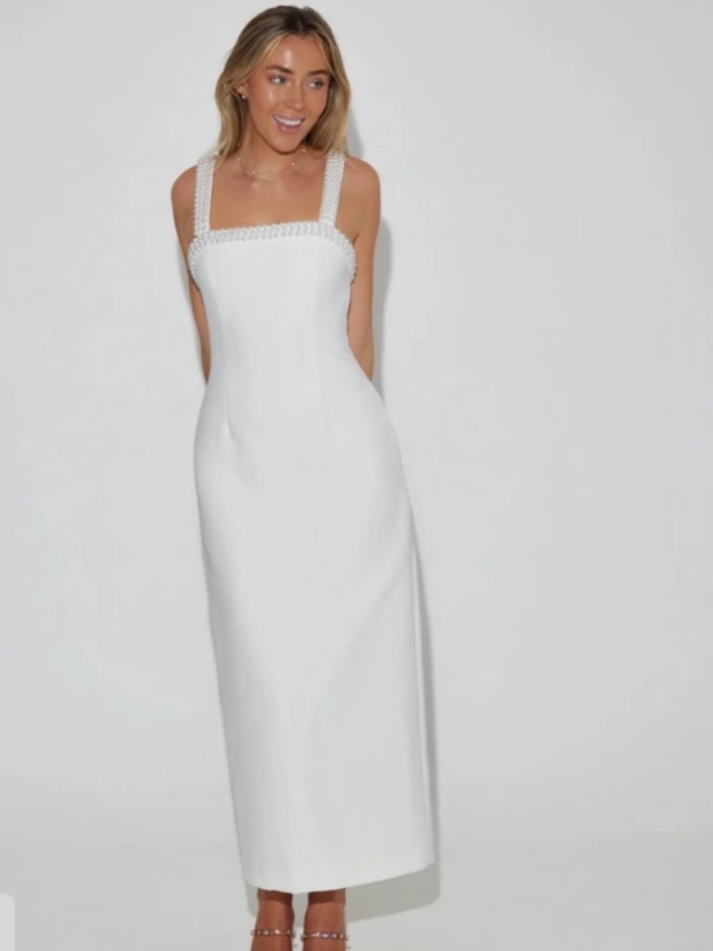 NWT Odd Muse White Midi Dress with Square Neck and Wide Straps with Pearls
